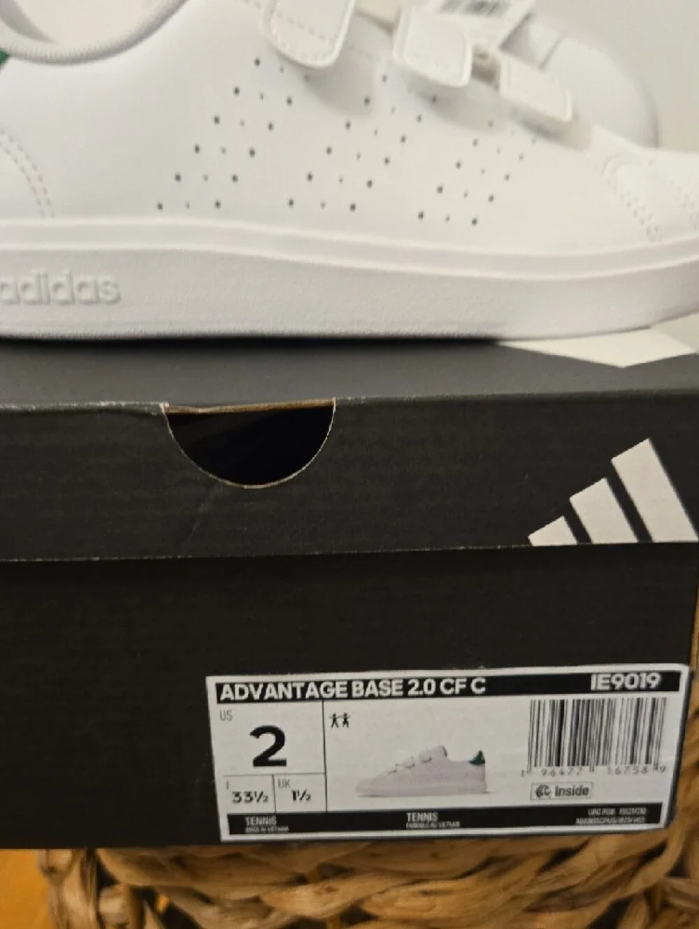 adidas Kids White Sneakers with Green Heel Tab and Velcro Straps